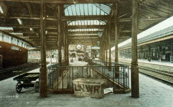 Circa 1900. Carnforth Station looking north, Furness Railway platform on left, LNWR down platform ahead, LNWR up platform on right. Cumbrian Railway Association collection.